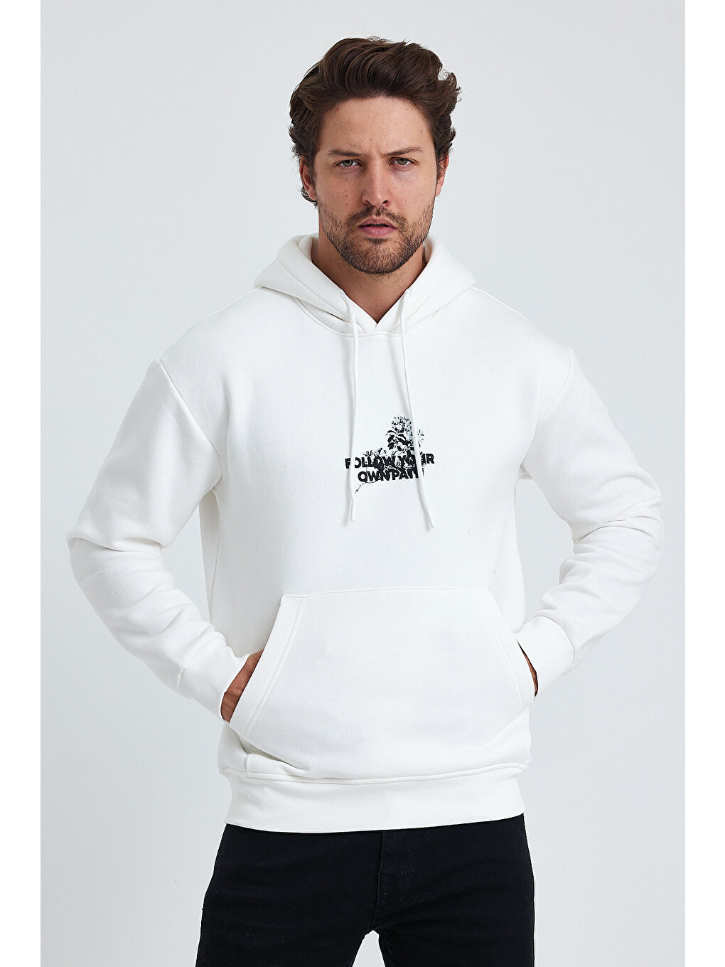 Beyaz Ön Ve Arka Baskılı Regular Kapüşonlu 3 İplik Şardonlu Erkek Hoodie