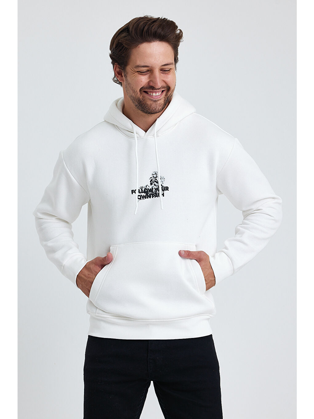 Beyaz Ön Ve Arka Baskılı Regular Kapüşonlu 3 İplik Şardonlu Erkek Hoodie-1