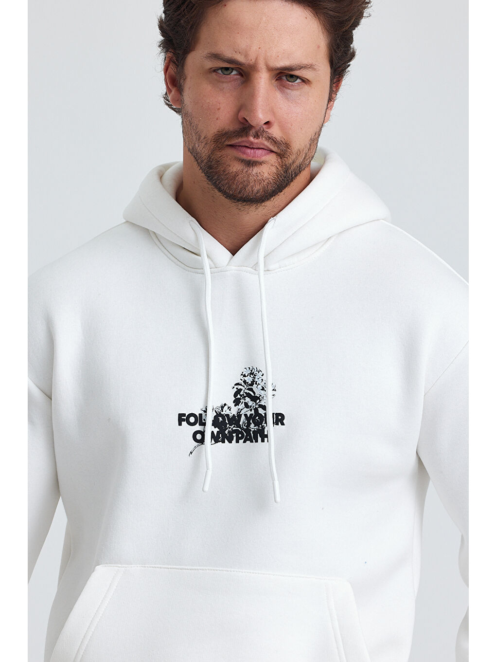 Beyaz Ön Ve Arka Baskılı Regular Kapüşonlu 3 İplik Şardonlu Erkek Hoodie-2