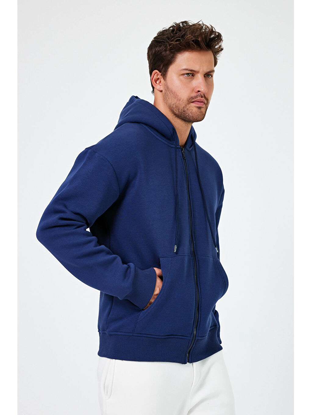 Lacivert Standart Fit Normal Kesim Içi Polarlı 3 Iplik Kapüşonlu Erkek Fermuarlı Sweatshirt Hırka-2