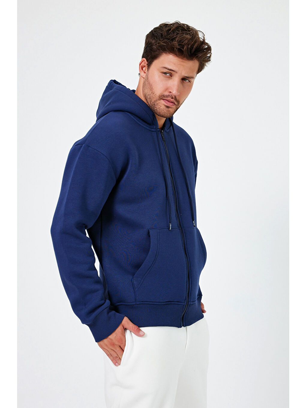 Lacivert Standart Fit Normal Kesim Içi Polarlı 3 Iplik Kapüşonlu Erkek Fermuarlı Sweatshirt Hırka-3