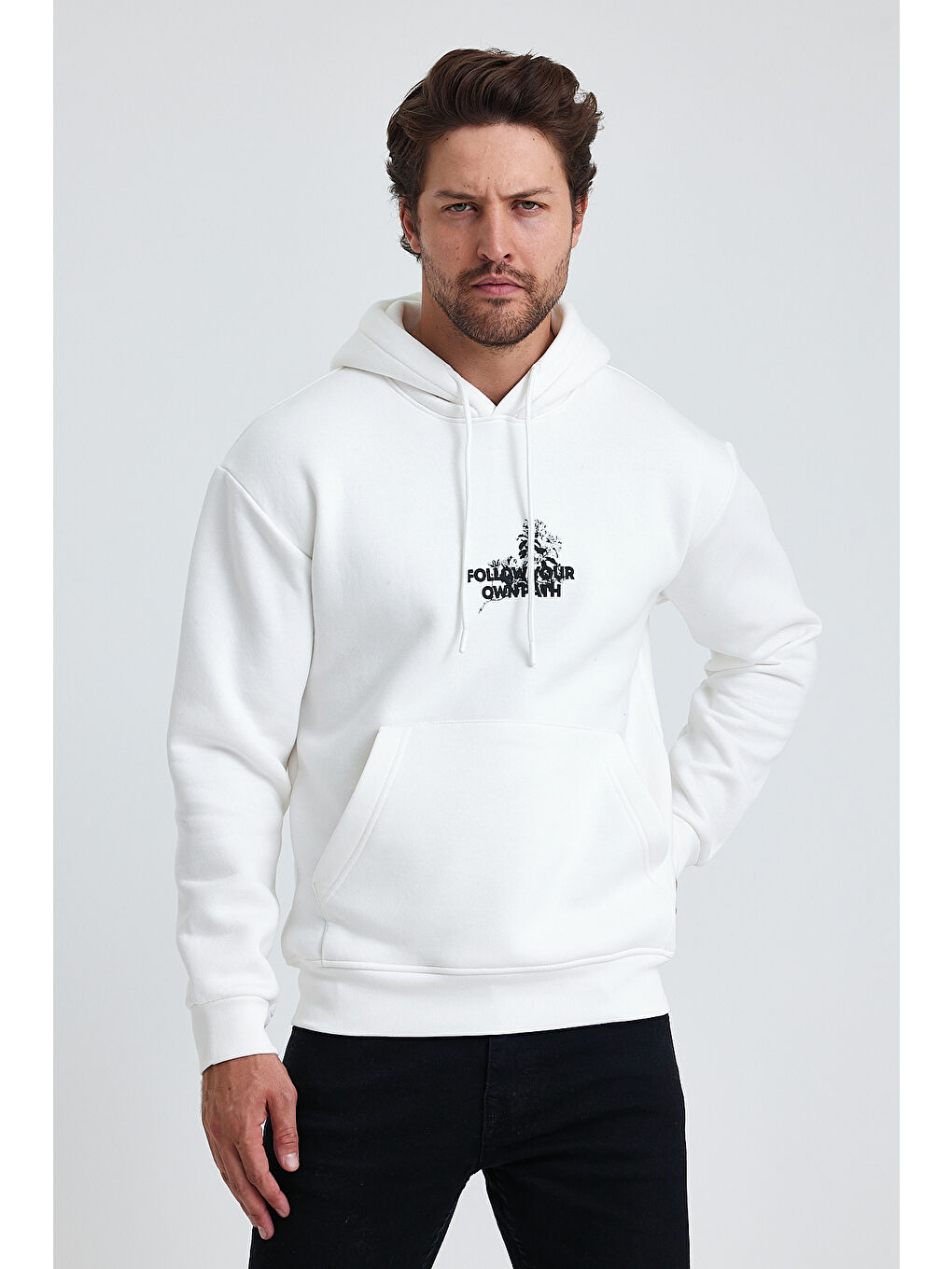 Beyaz Ön Ve Arka Baskılı Regular Kapüşonlu 3 İplik Şardonlu Erkek Hoodie-3