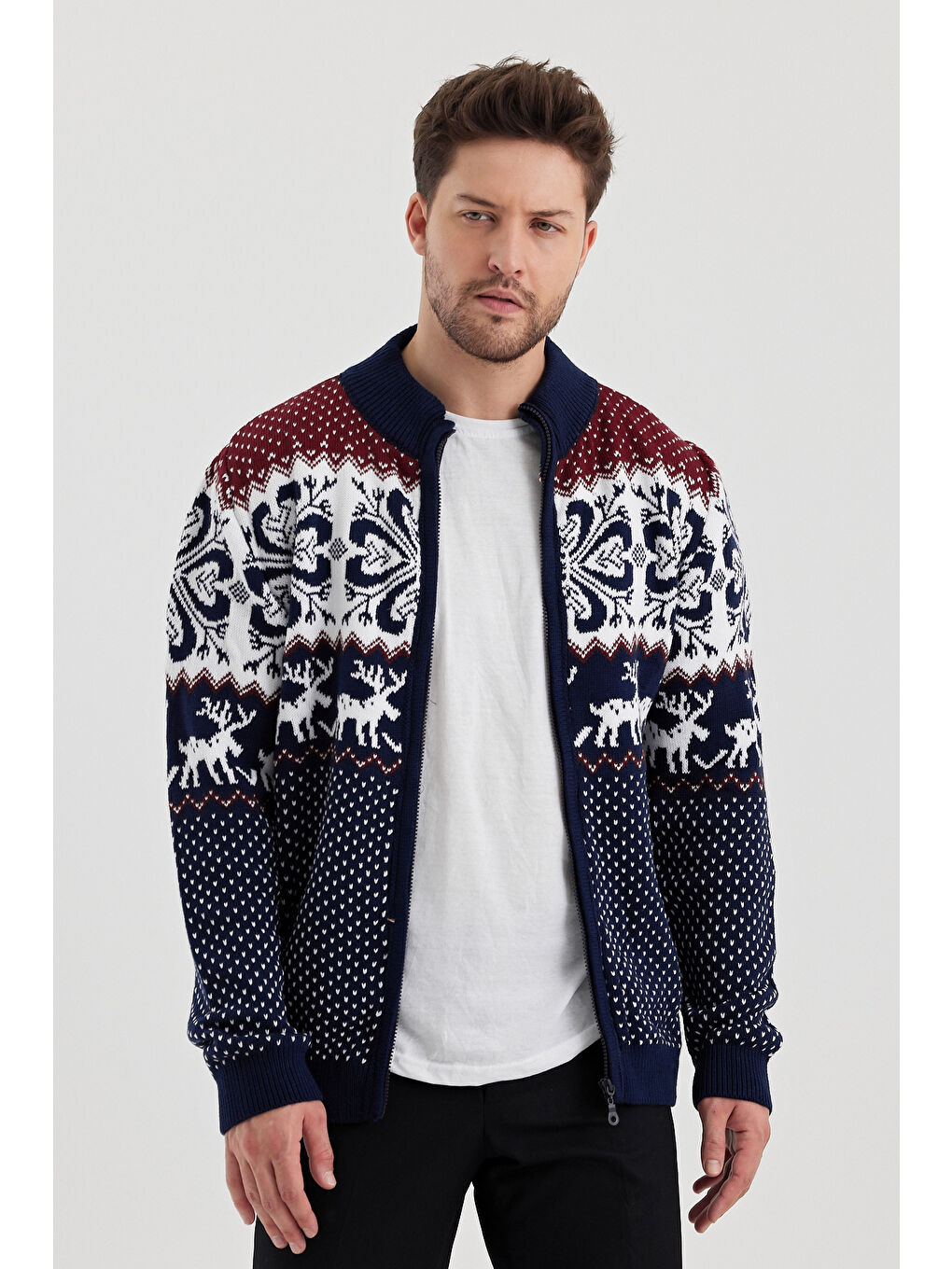 Lacivert Erkek Desenli Fermuarlı Dik yaka Hırka