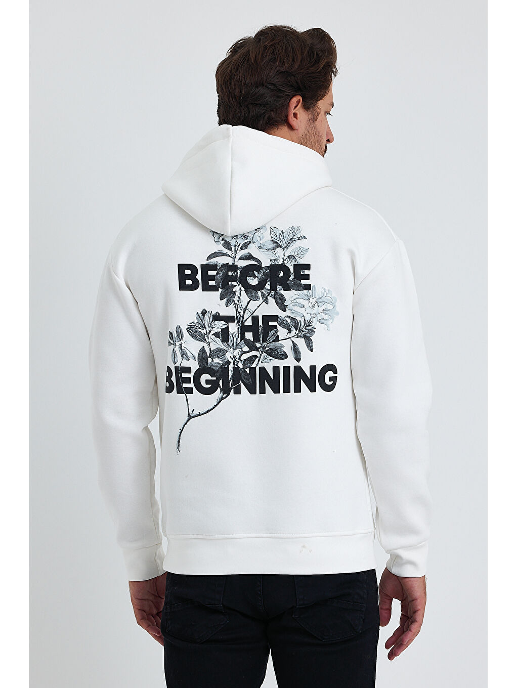 Beyaz Ön Ve Arka Baskılı Regular Kapüşonlu 3 İplik Şardonlu Erkek Hoodie-4