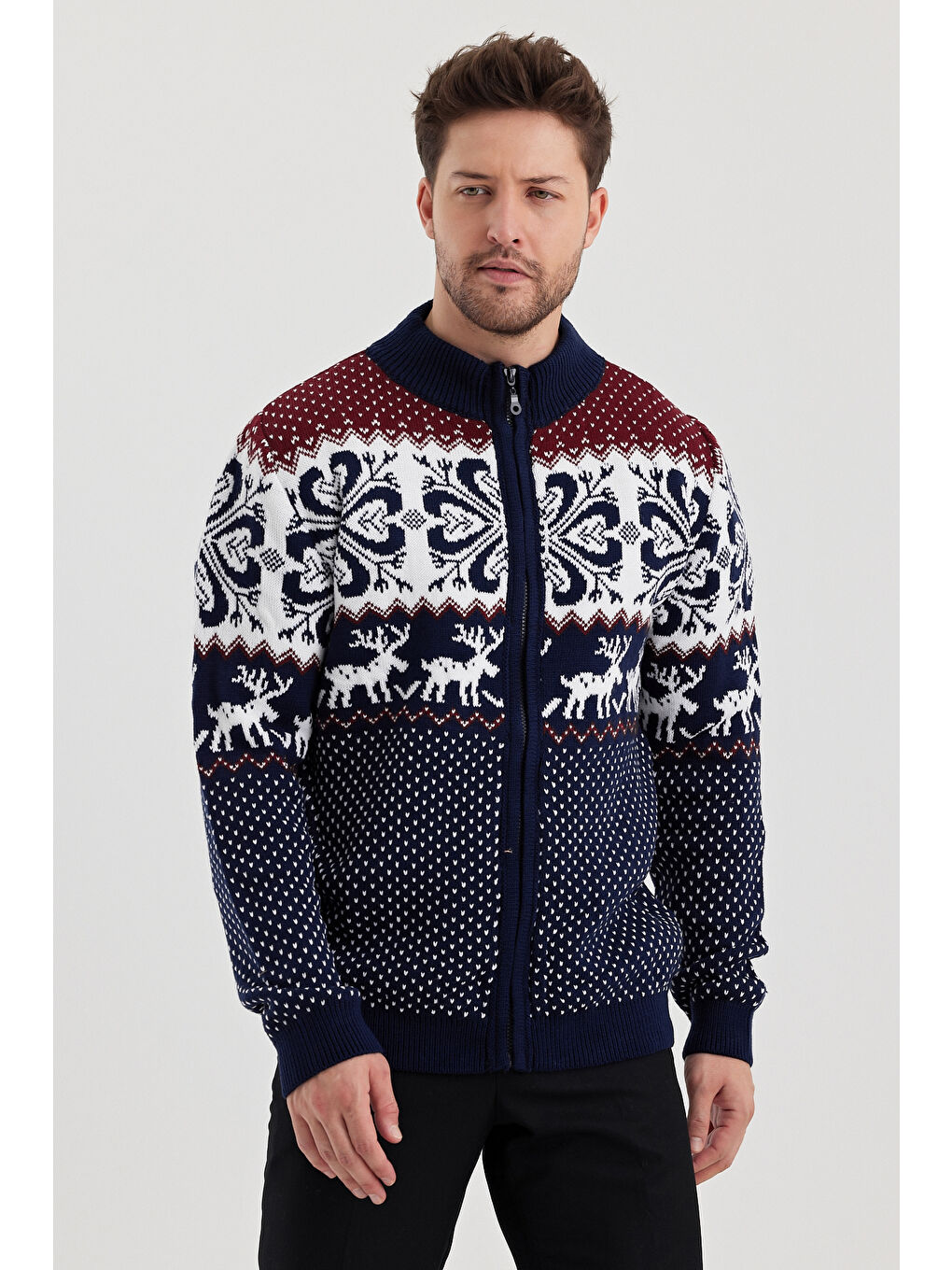 Lacivert Erkek Desenli Fermuarlı Dik yaka Hırka-1