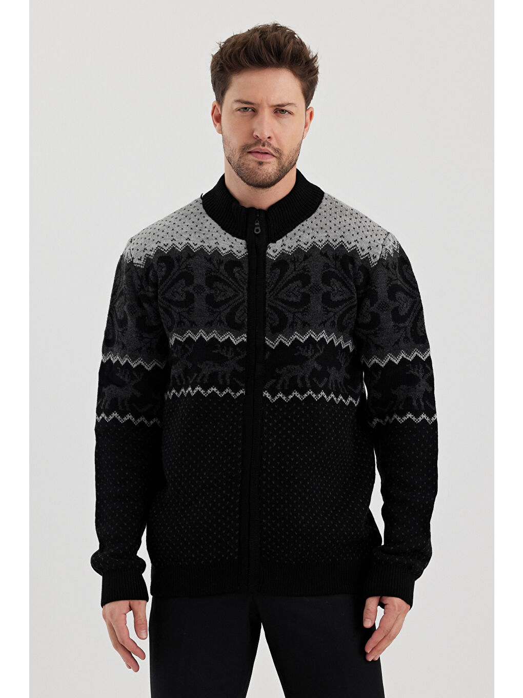 Siyah Erkek Desenli Fermuarlı Dik yaka Hırka