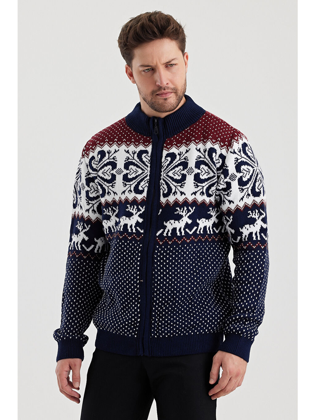 Lacivert Erkek Desenli Fermuarlı Dik yaka Hırka-3