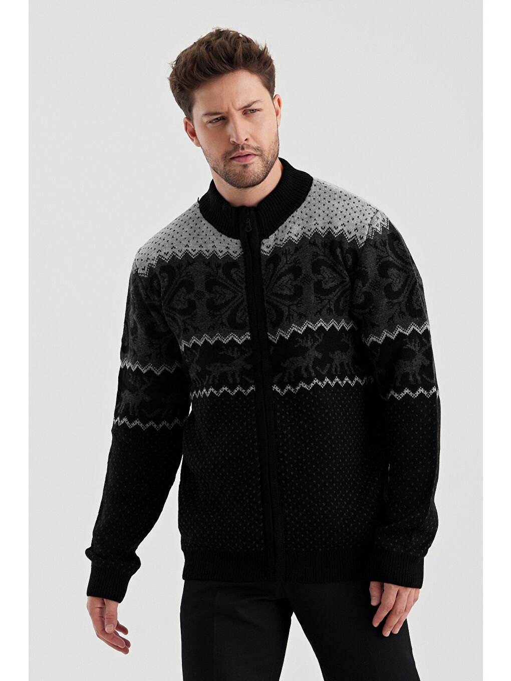 Siyah Erkek Desenli Fermuarlı Dik yaka Hırka-3