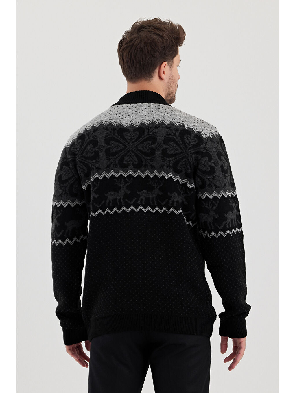 Siyah Erkek Desenli Fermuarlı Dik yaka Hırka-4