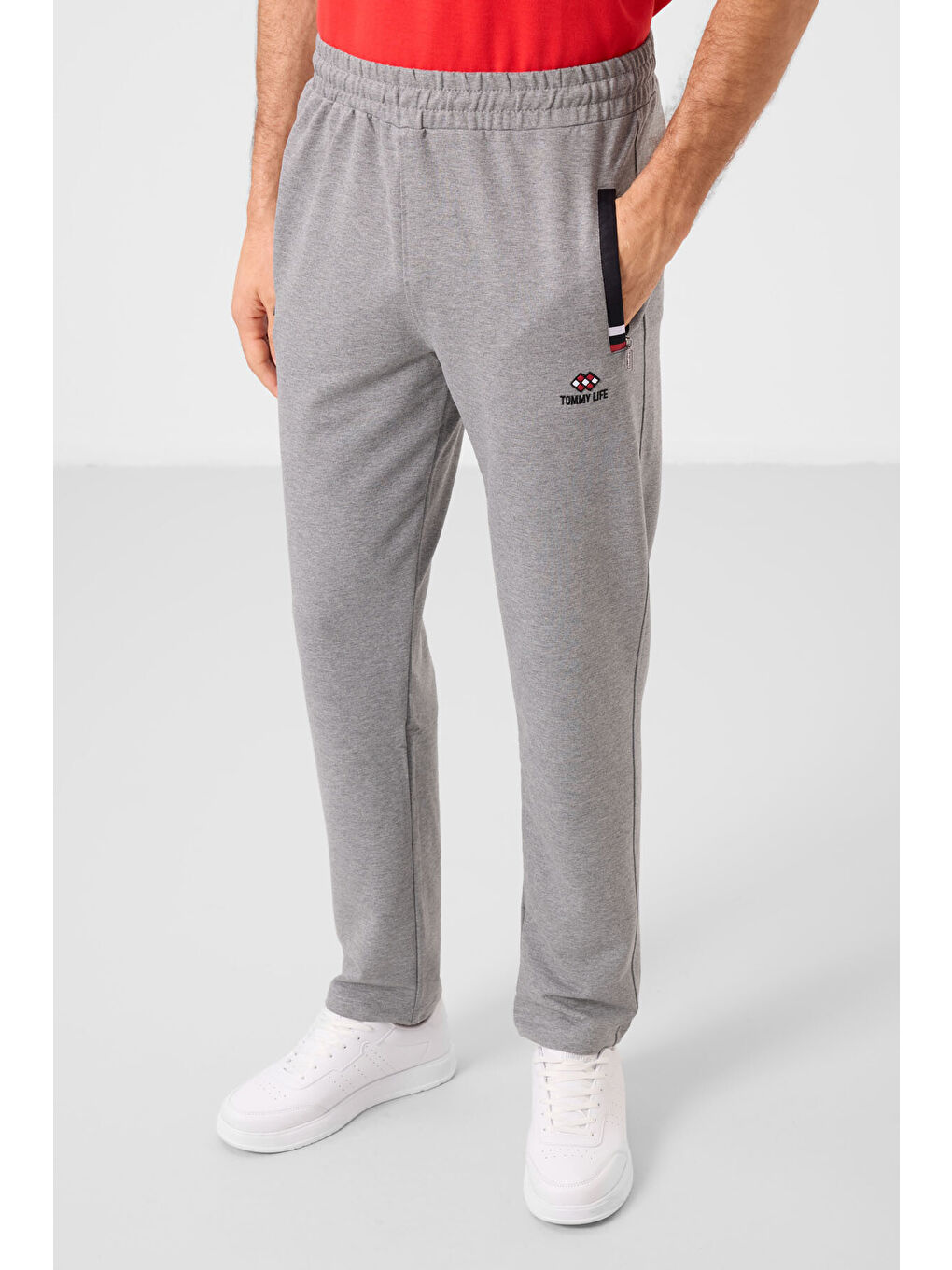 Gri Melanj - Siyah Fermuar Cepli Dar Kalıp Klasik Paça Erkek Eşofman Alt - 84649-1