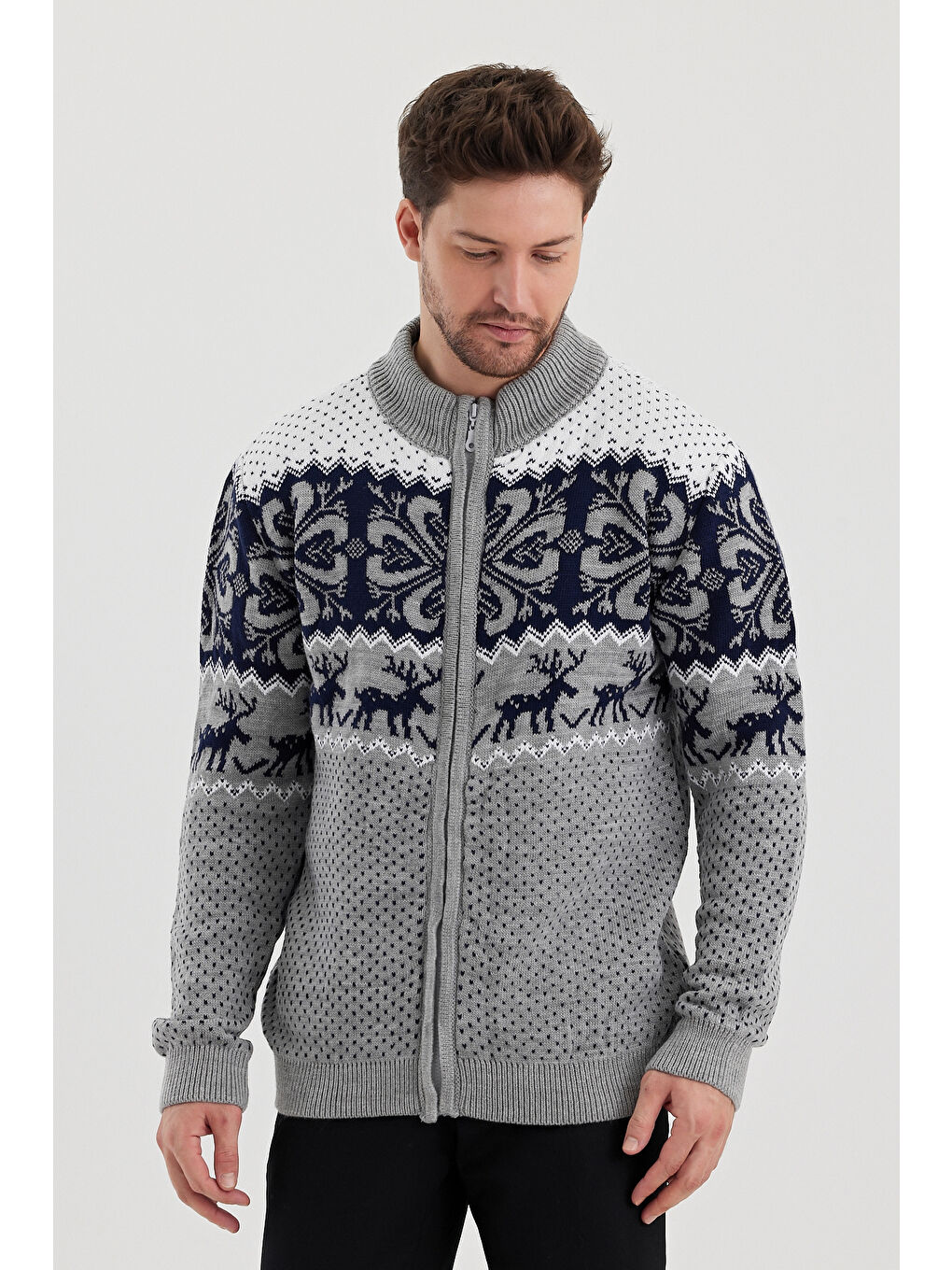 Gri Erkek Desenli Fermuarlı Dik yaka Hırka