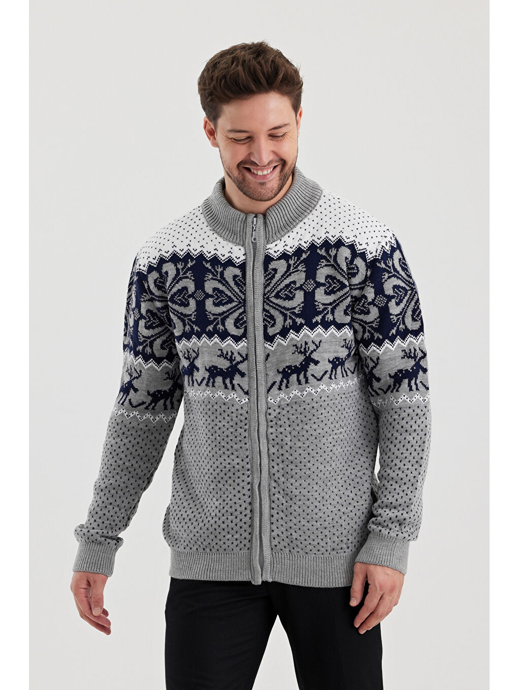 Gri Erkek Desenli Fermuarlı Dik yaka Hırka-1