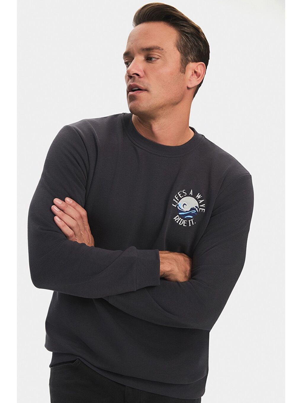 Antrasit Bisiklet Yaka Slogan Nakışlı Erkek Sweatshirt