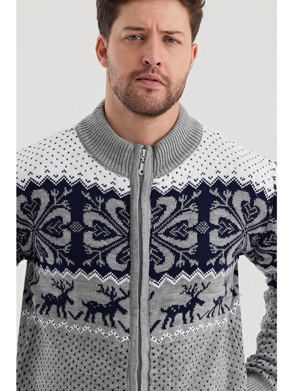 Gri Erkek Desenli Fermuarlı Dik yaka Hırka-2