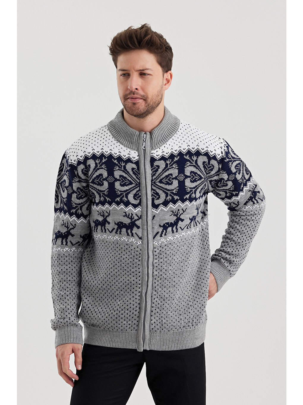 Gri Erkek Desenli Fermuarlı Dik yaka Hırka-3
