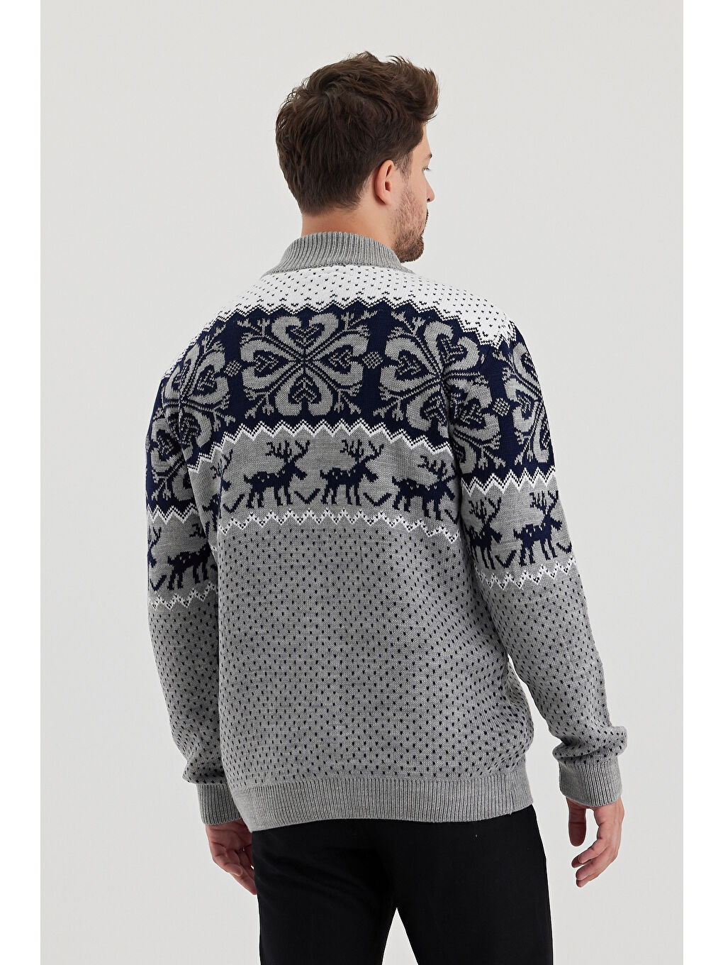 Gri Erkek Desenli Fermuarlı Dik yaka Hırka-4