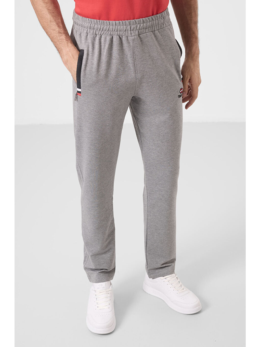 Gri Melanj - Siyah Fermuar Cepli Dar Kalıp Klasik Paça Erkek Eşofman Alt - 84649-4