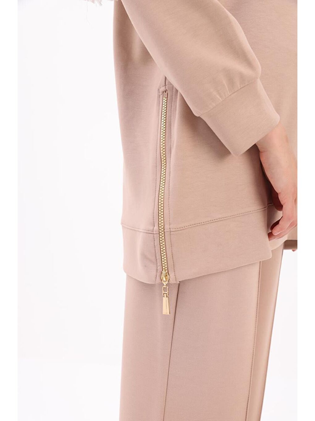 Bej Vizon Garnili Piliseli Fermuarlı Tunik-4