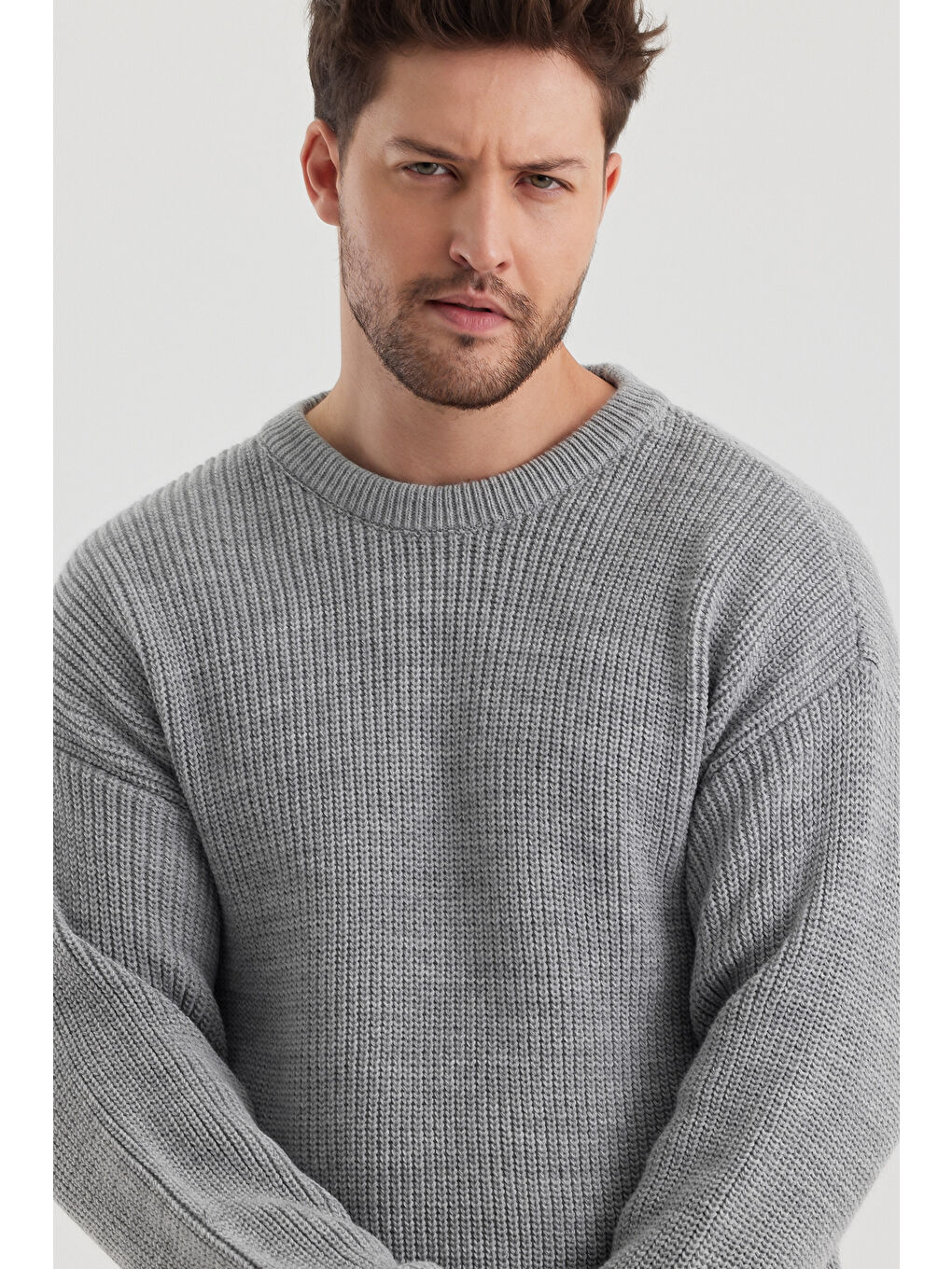 Gri Erkek Regular Fit Bisiklet Yaka Örgülü Triko-2