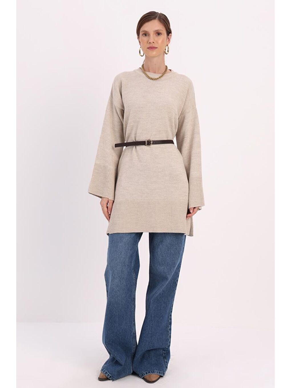 Bej Taş Oversize Yanları Yırtmaçlı Triko Tunik-1