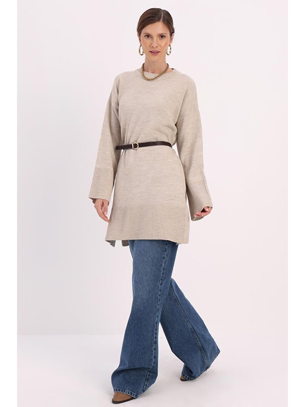 Bej Taş Oversize Yanları Yırtmaçlı Triko Tunik-2