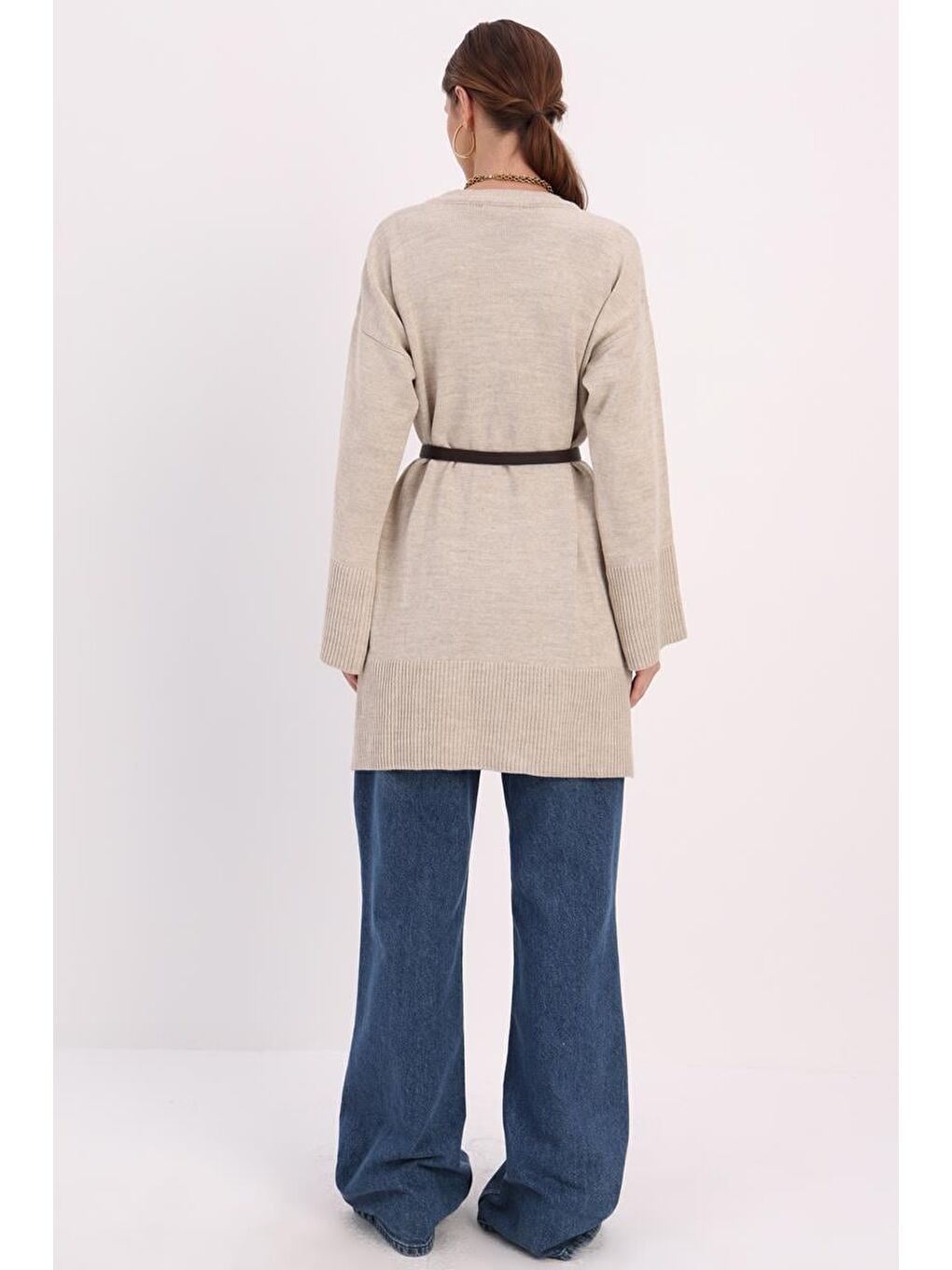 Bej Taş Oversize Yanları Yırtmaçlı Triko Tunik-3