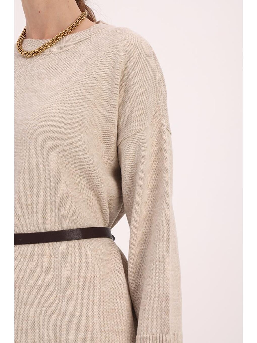 Bej Taş Oversize Yanları Yırtmaçlı Triko Tunik-4