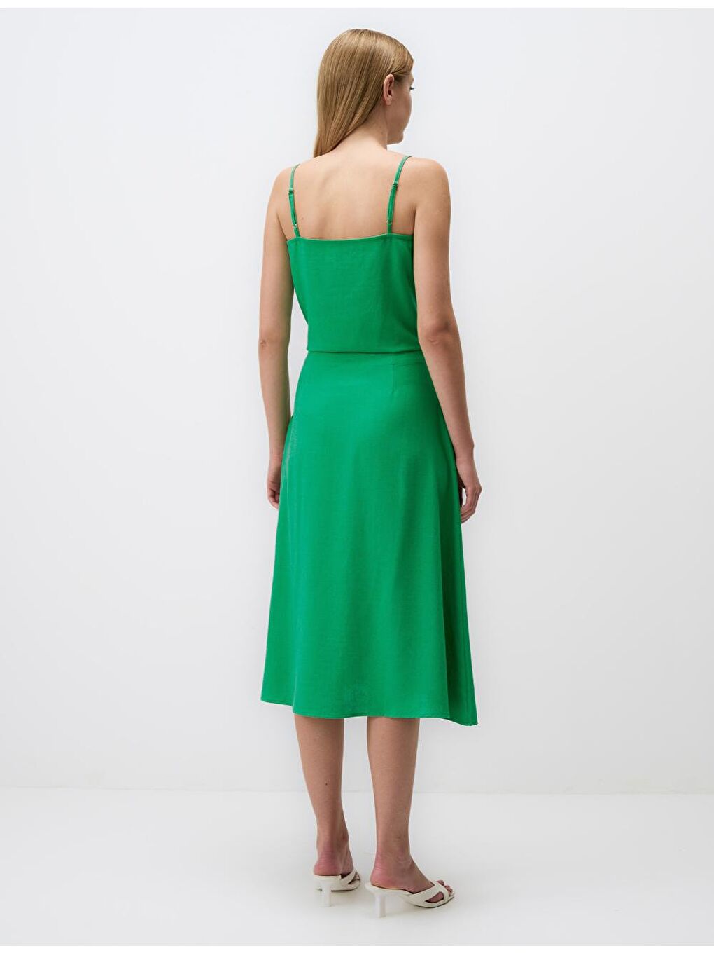 Yeşil Yırtmaç Detaylı Yüksek Bel Keten Midi Etek-5