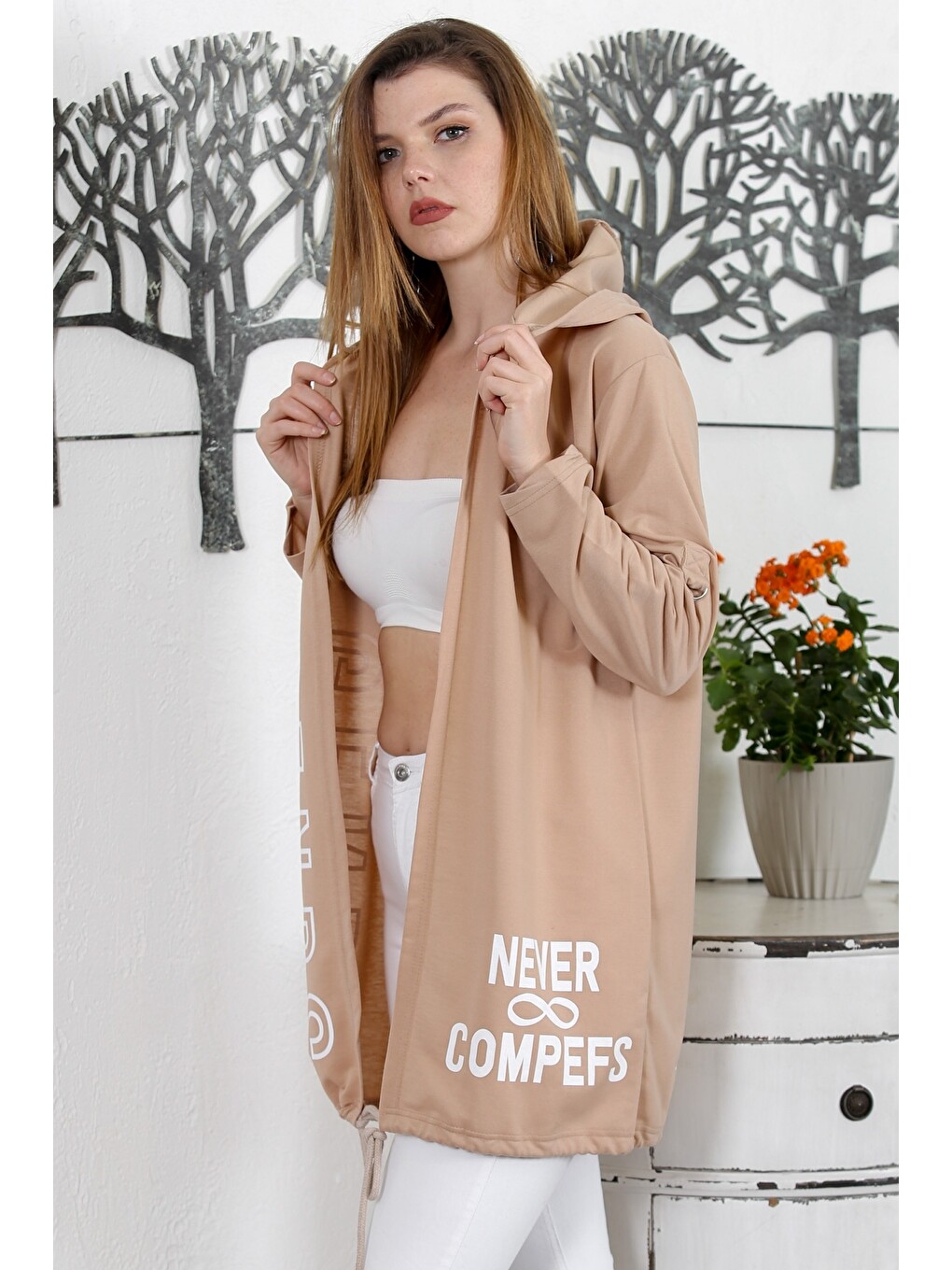 Kahverengi Camel Kapüşonlu Uzun Kol Baskılı Örme Casual Kapüşonlu Ceket-1