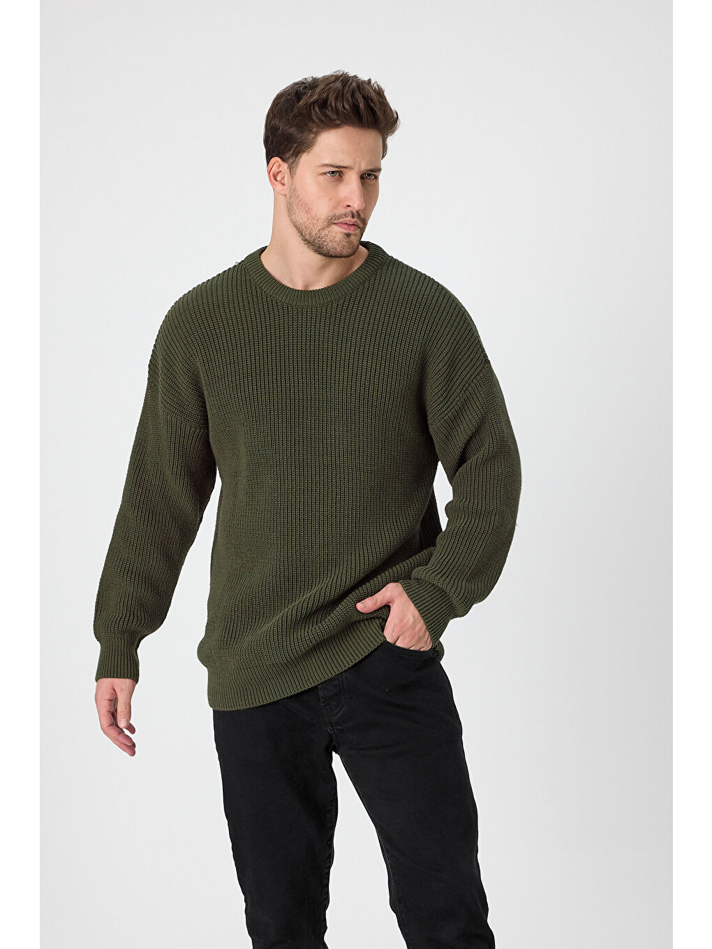 Haki Erkek Regular Fit Bisiklet Yaka Örgülü Triko-1