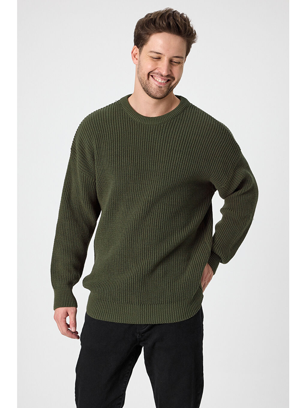 Haki Erkek Regular Fit Bisiklet Yaka Örgülü Triko-2