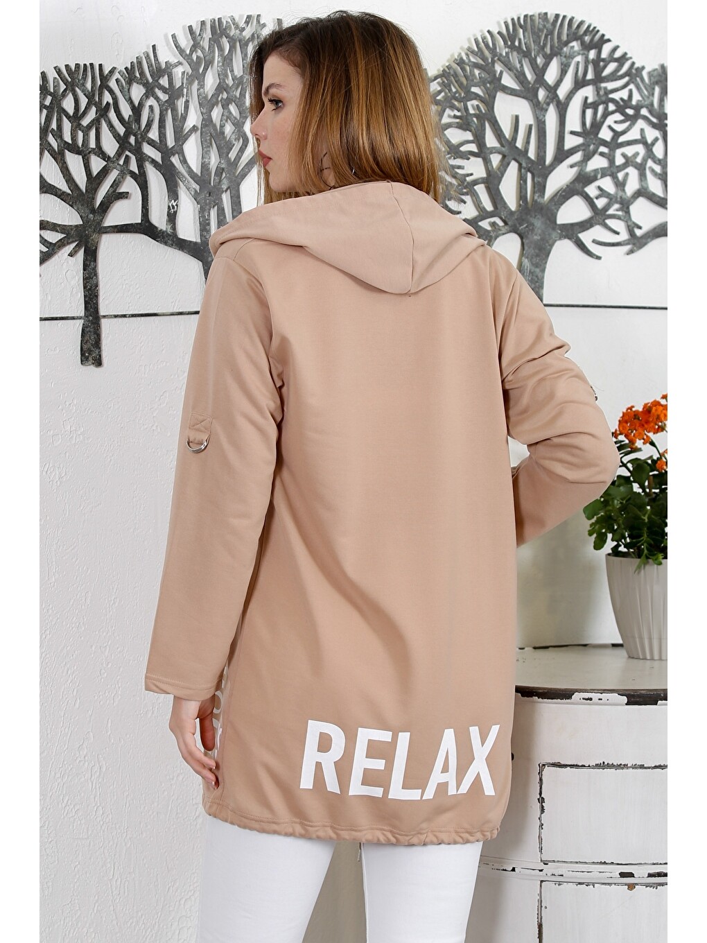 Kahverengi Camel Kapüşonlu Uzun Kol Baskılı Örme Casual Kapüşonlu Ceket-7
