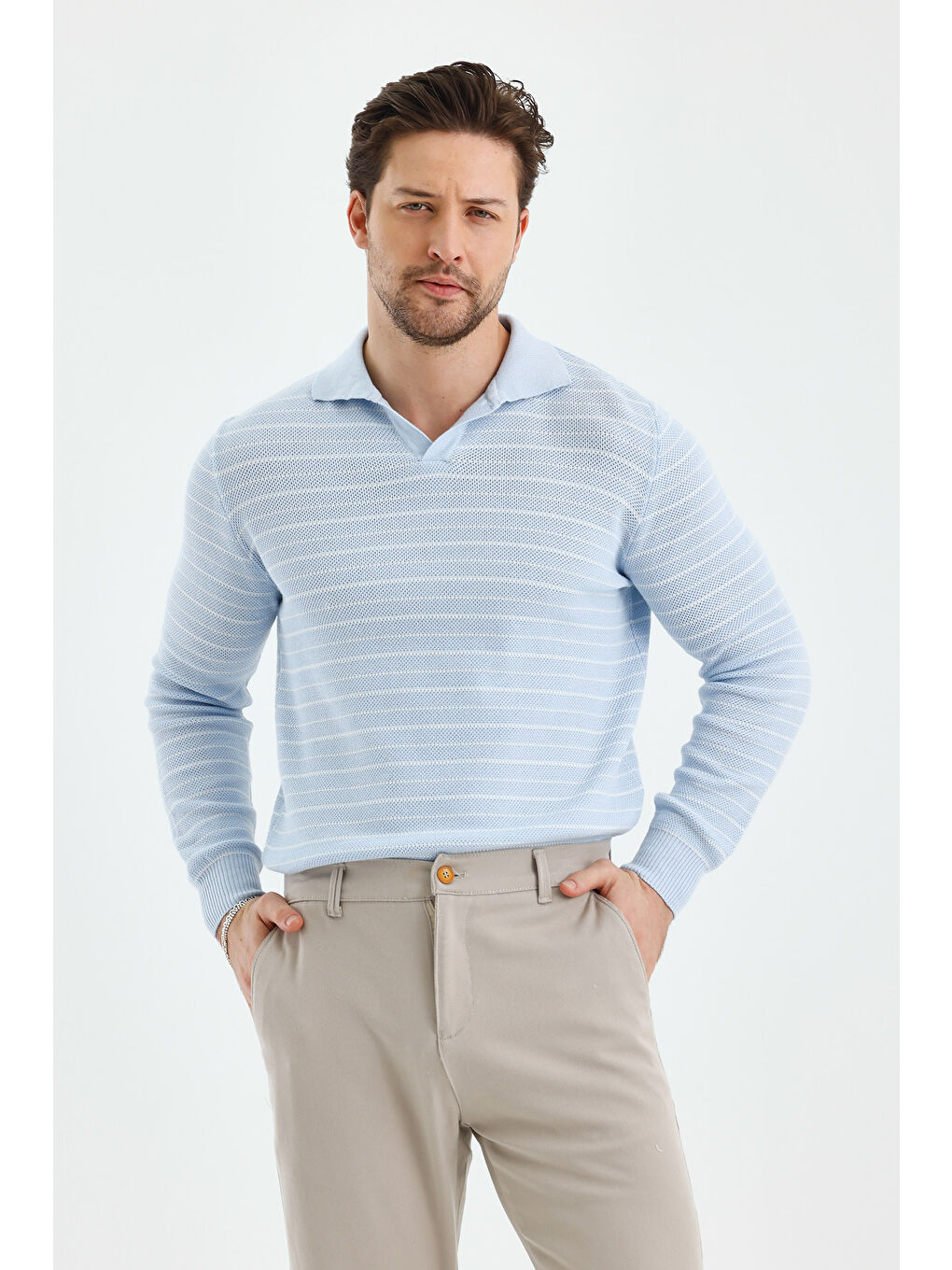 Mavi Erkek Patlı Slim Fit Çizgi Detaylı Uzun Kollu Polo Yaka Triko Kazak