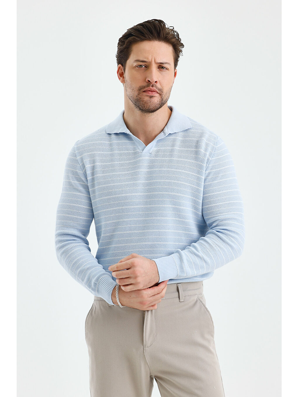 Mavi Erkek Patlı Slim Fit Çizgi Detaylı Uzun Kollu Polo Yaka Triko Kazak-1