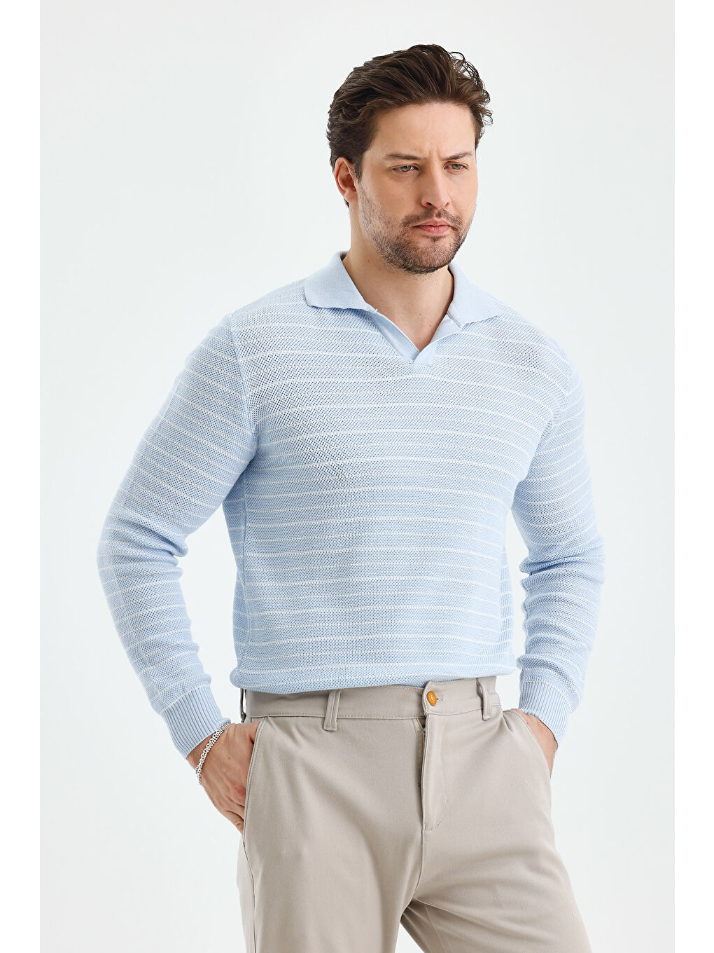 Mavi Erkek Patlı Slim Fit Çizgi Detaylı Uzun Kollu Polo Yaka Triko Kazak-2