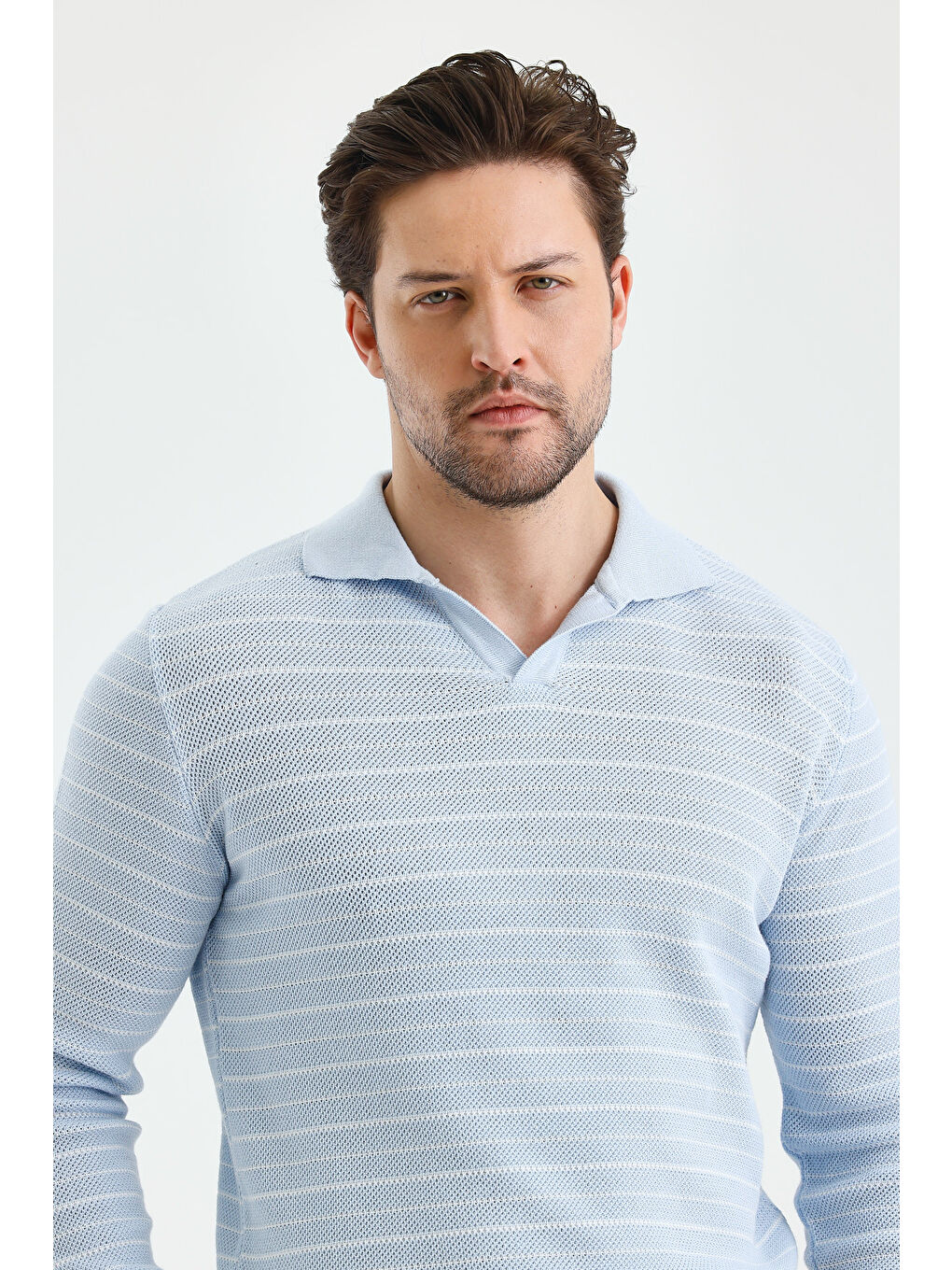 Mavi Erkek Patlı Slim Fit Çizgi Detaylı Uzun Kollu Polo Yaka Triko Kazak-3