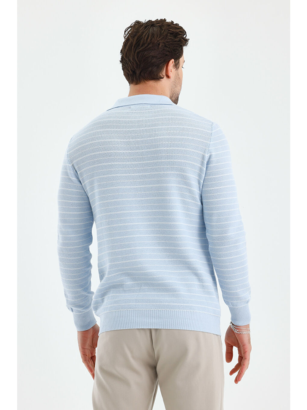 Mavi Erkek Patlı Slim Fit Çizgi Detaylı Uzun Kollu Polo Yaka Triko Kazak-4