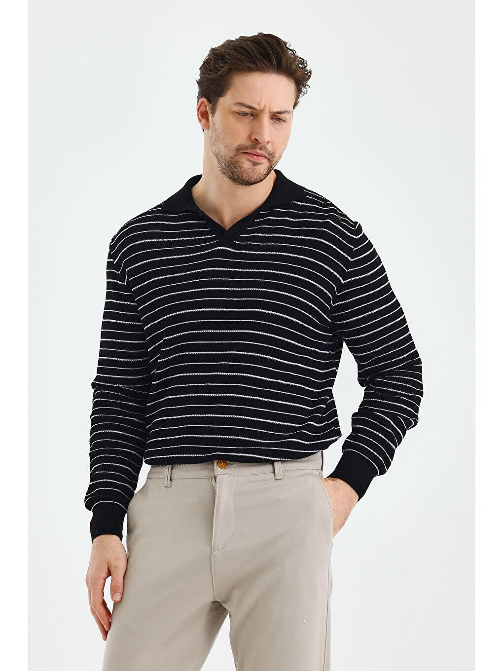 Siyah Erkek Patlı Slim Fit Çizgi Detaylı Uzun Kollu Polo Yaka Triko Kazak