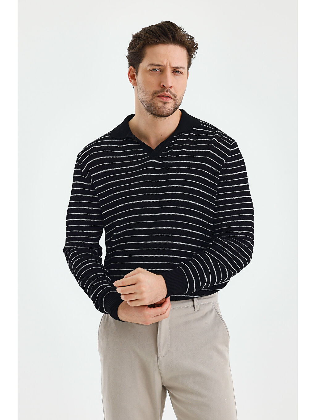 Siyah Erkek Patlı Slim Fit Çizgi Detaylı Uzun Kollu Polo Yaka Triko Kazak-1
