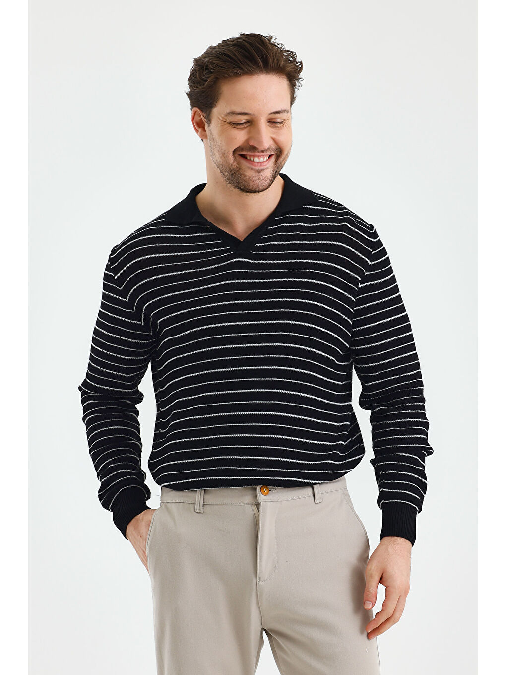 Siyah Erkek Patlı Slim Fit Çizgi Detaylı Uzun Kollu Polo Yaka Triko Kazak-2