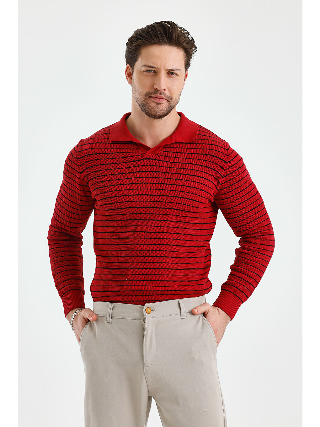 Kırmızı Erkek Patlı Slim Fit Çizgi Detaylı Uzun Kollu Polo Yaka Triko Kazak-1