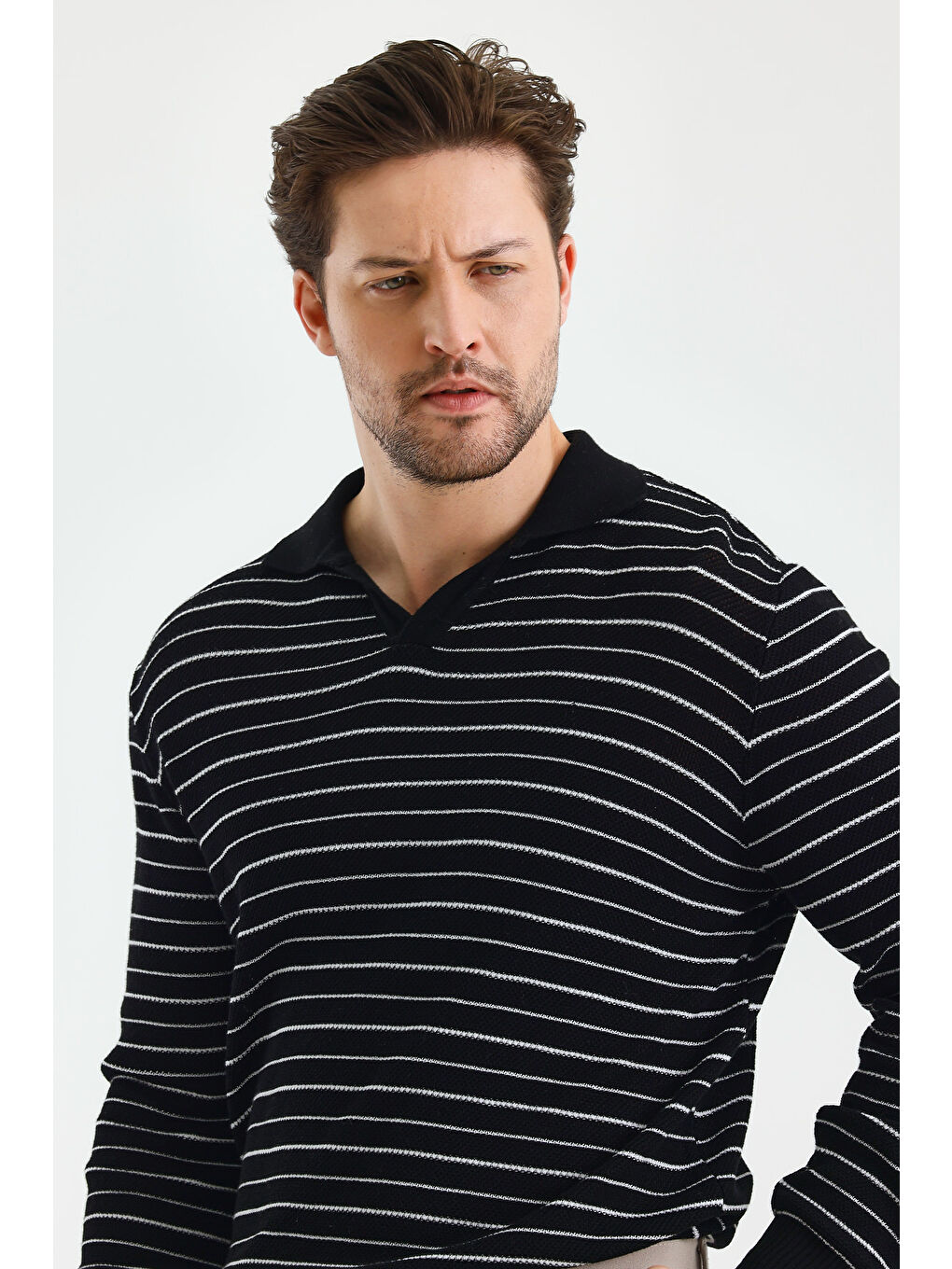 Siyah Erkek Patlı Slim Fit Çizgi Detaylı Uzun Kollu Polo Yaka Triko Kazak-3
