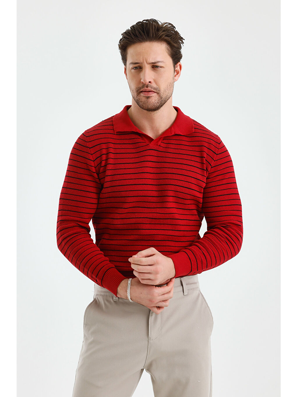 Kırmızı Erkek Patlı Slim Fit Çizgi Detaylı Uzun Kollu Polo Yaka Triko Kazak-2