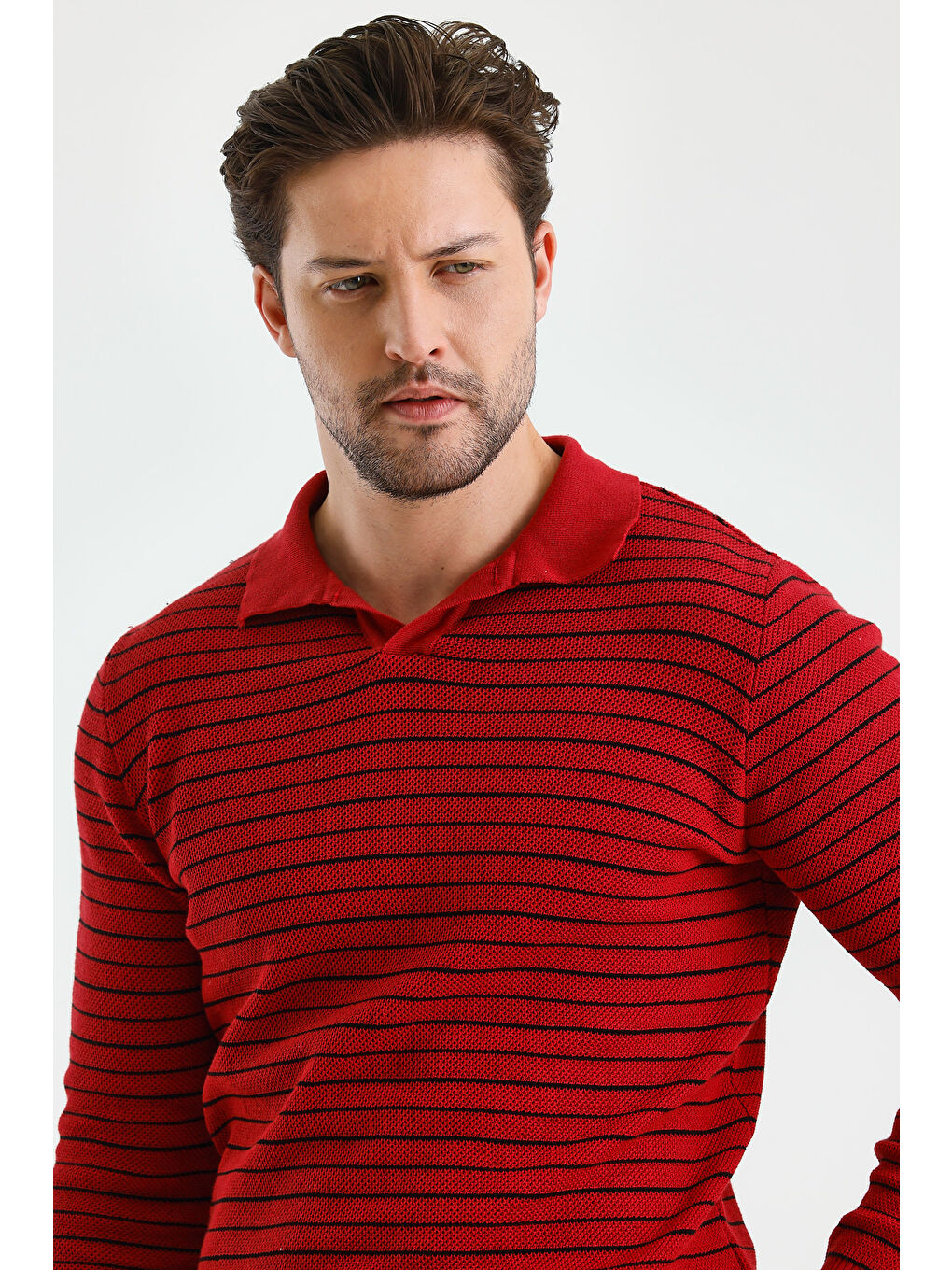 Kırmızı Erkek Patlı Slim Fit Çizgi Detaylı Uzun Kollu Polo Yaka Triko Kazak-3