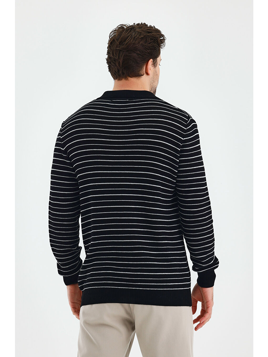 Siyah Erkek Patlı Slim Fit Çizgi Detaylı Uzun Kollu Polo Yaka Triko Kazak-4