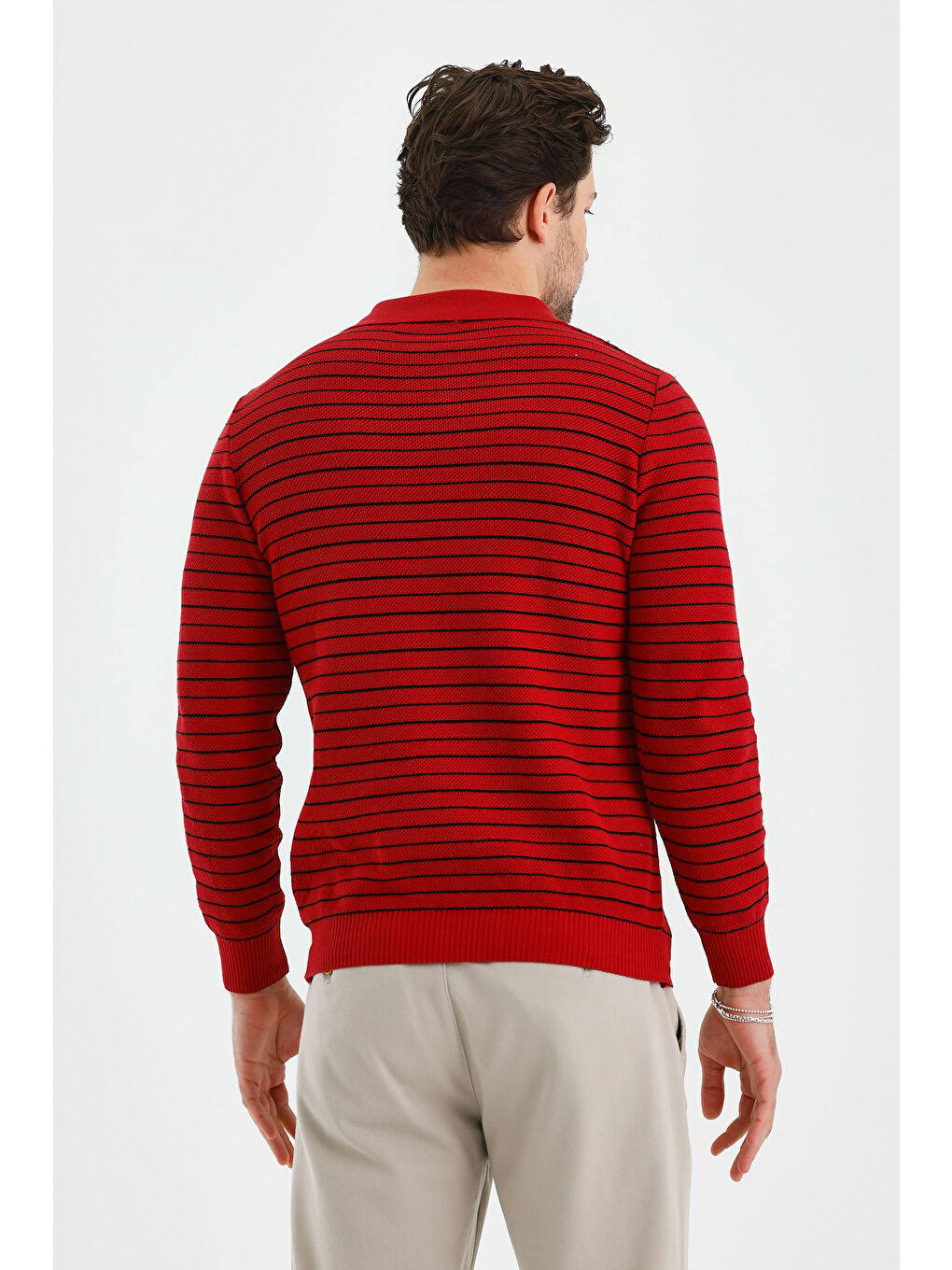 Kırmızı Erkek Patlı Slim Fit Çizgi Detaylı Uzun Kollu Polo Yaka Triko Kazak-4