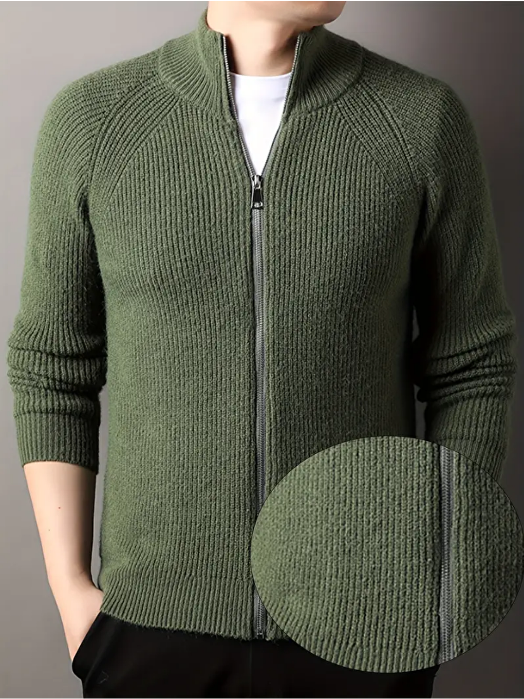 Haki Erkek Dik Yaka Fermuarlı Slim Fit Triko Hırka