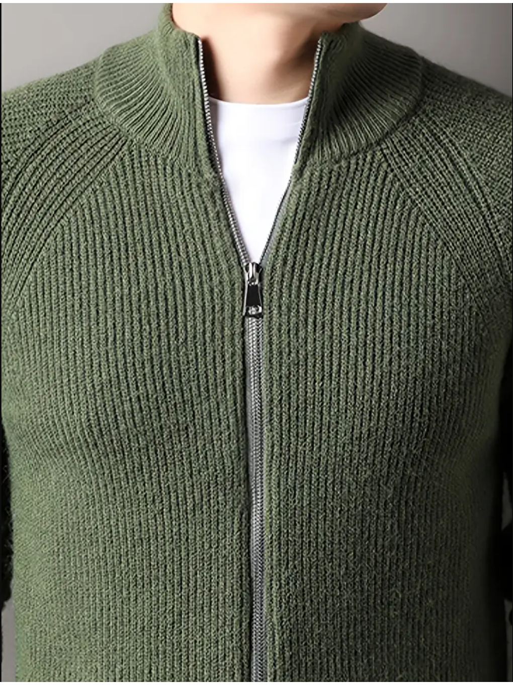 Haki Erkek Dik Yaka Fermuarlı Slim Fit Triko Hırka-1