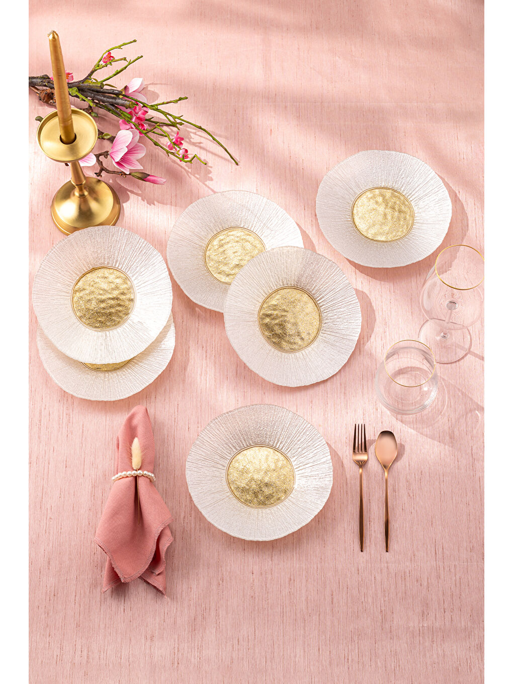 Sarı Golden 6 Kişilik Cam Pasta Seti 21 cm