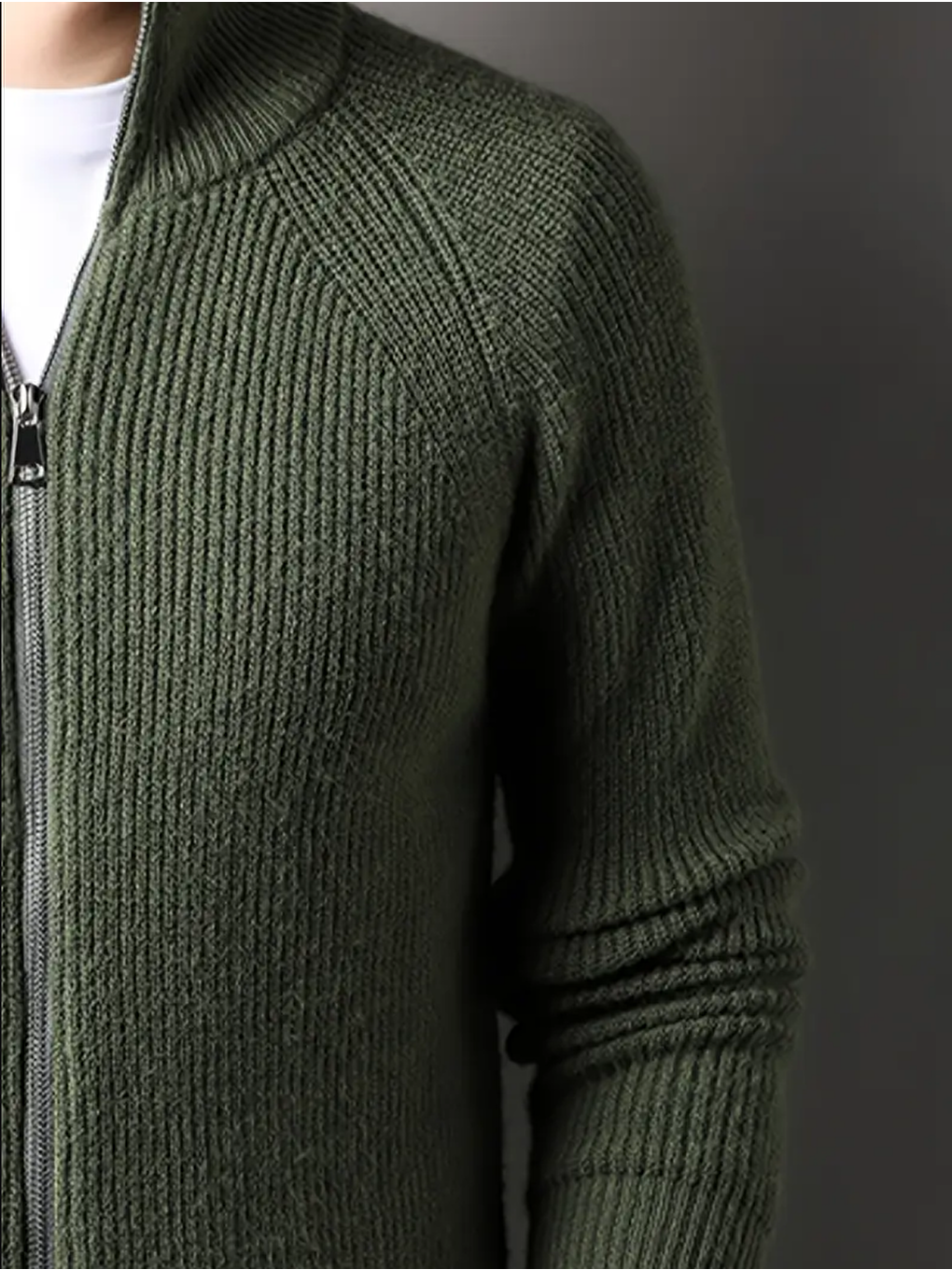 Haki Erkek Dik Yaka Fermuarlı Slim Fit Triko Hırka-2